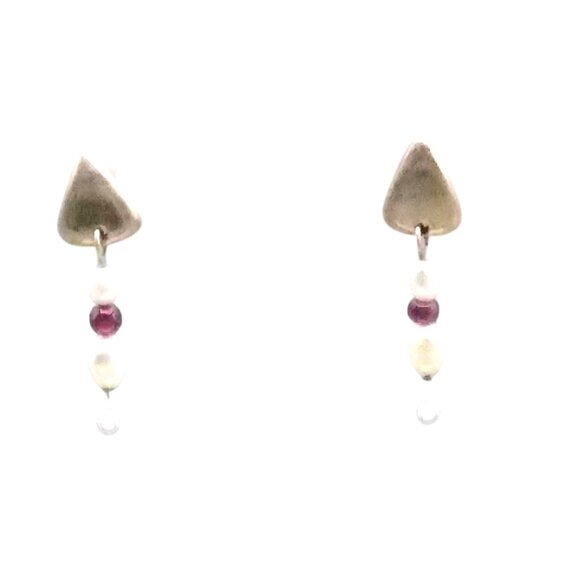 Vintage C FF Sterling Silver Drop Earrings with Rice Pearls and Garnet Beads - Picture 1 of 4
